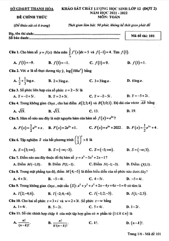 Đề khảo sát chất lượng Toán 12 (đợt 2) năm 2021 – 2022 sở GD&ĐT Thanh Hóa