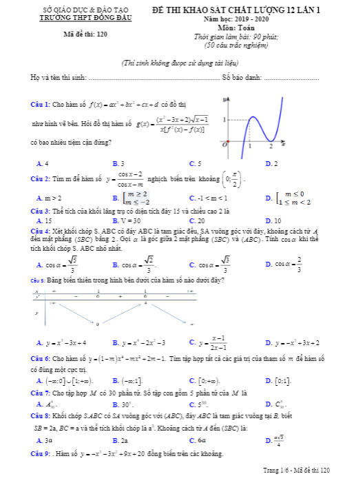 Đề khảo sát chất lượng Toán 12 lần 1 năm 2019 – 2020 trường Đồng Đậu – Vĩnh Phúc