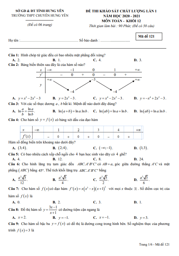 Đề khảo sát chất lượng Toán 12 lần 1 năm 2020 – 2021 trường THPT chuyên Hưng Yên