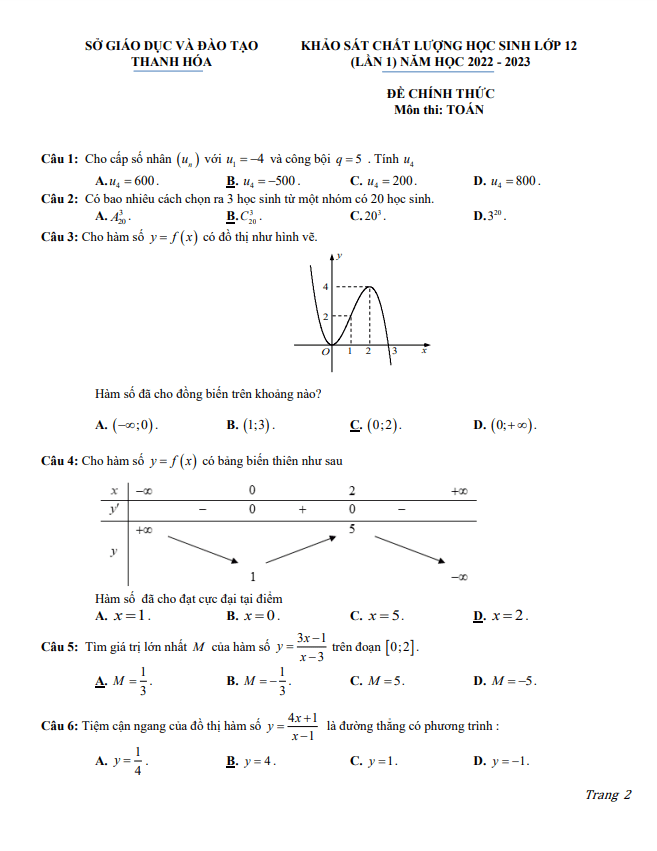 Đề khảo sát chất lượng Toán 12 lần 1 năm 2022 – 2023 sở GD&ĐT Thanh Hóa