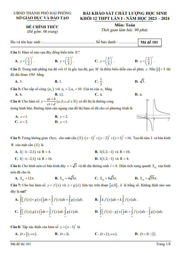 Đề khảo sát chất lượng Toán 12 lần 1 năm 2023 – 2024 sở GD&ĐT Hải Phòng