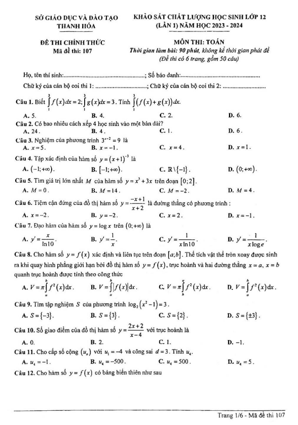 Đề khảo sát chất lượng Toán 12 lần 1 năm 2023 – 2024 sở GD&ĐT Thanh Hóa