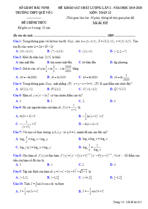 Đề khảo sát chất lượng Toán 12 lần 2 năm 2019 – 2020 trường Quế Võ 1 – Bắc Ninh