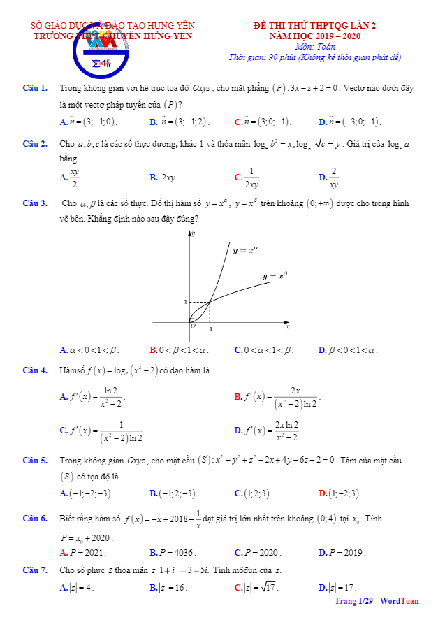 Đề khảo sát chất lượng Toán 12 lần 2 năm 2019 – 2020 trường THPT chuyên Hưng Yên