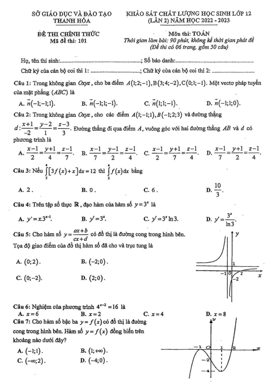 Đề khảo sát chất lượng Toán 12 lần 2 năm 2022 – 2023 sở GD&ĐT Thanh Hóa