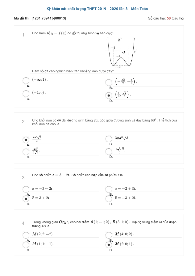 Đề khảo sát chất lượng Toán 12 lần 3 năm 2019 – 2020 sở GD&ĐT Hà Nội