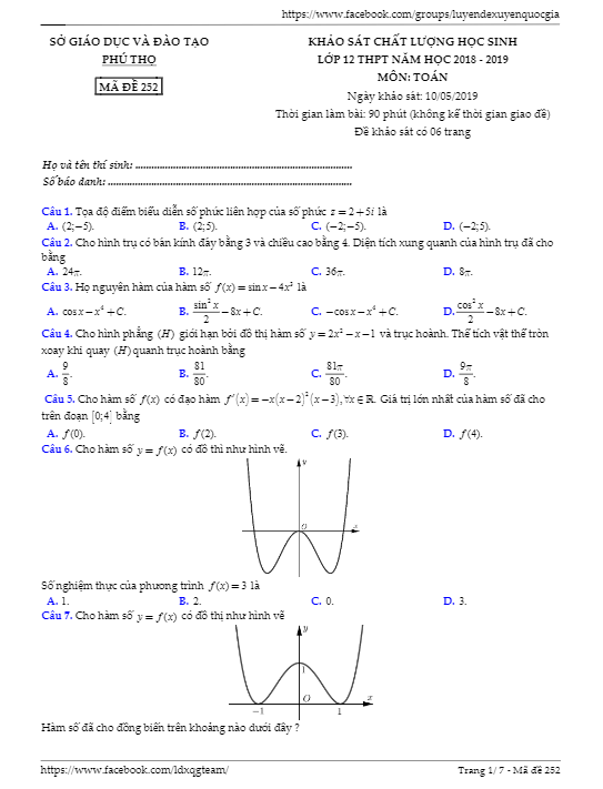 Đề khảo sát chất lượng Toán 12 năm 2018 – 2019 sở GD&ĐT Phú Thọ