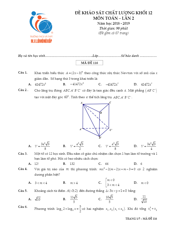 Đề khảo sát chất lượng Toán 12 năm 2018 – 2019 trường M.V Lômônôxốp – Hà Nội lần 2