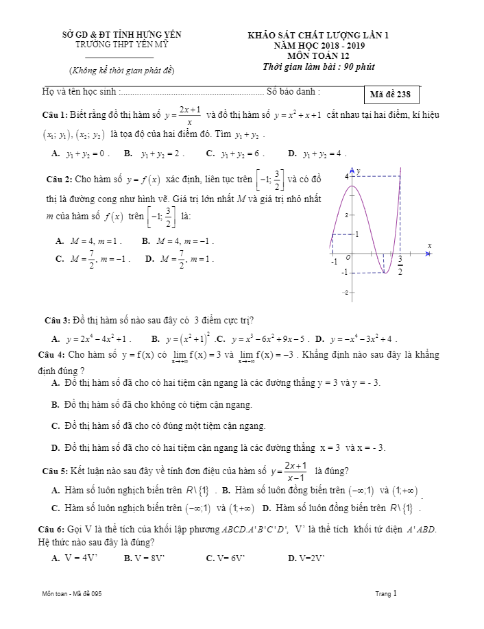 Đề khảo sát chất lượng Toán 12 năm 2018 – 2019 trường THPT Yên Mỹ – Hưng Yên lần 1