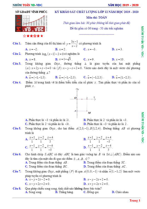 Đề khảo sát chất lượng Toán 12 năm 2019 – 2020 sở GD&ĐT Vĩnh Phúc