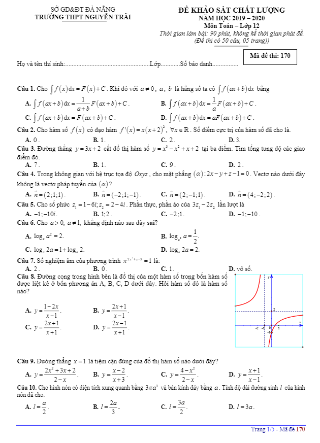 Đề khảo sát chất lượng Toán 12 năm 2019 – 2020 trường Nguyễn Trãi – Đà Nẵng