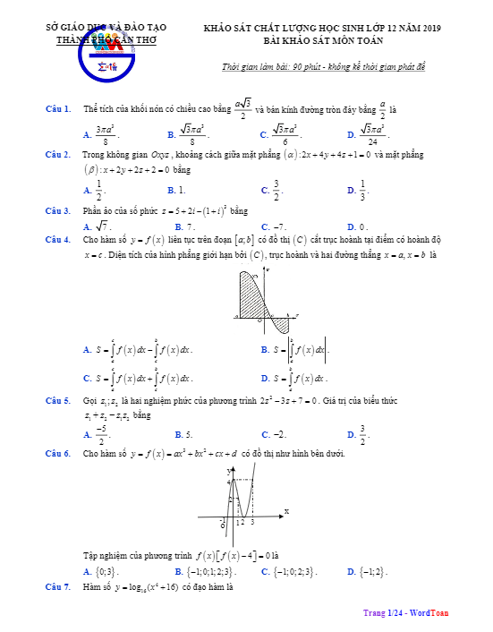 Đề khảo sát chất lượng Toán 12 năm 2019 sở GD&ĐT Cần Thơ
