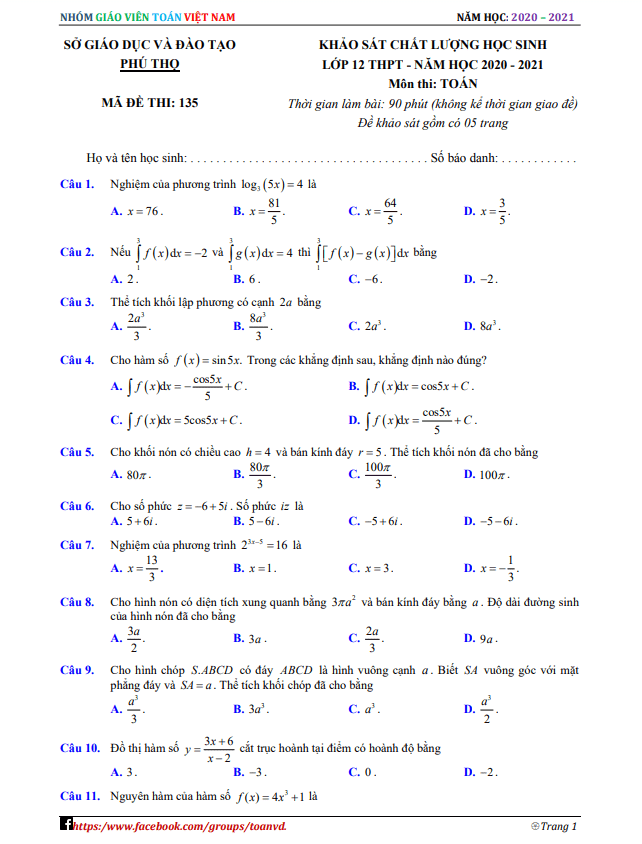 Đề khảo sát chất lượng Toán 12 năm 2020 – 2021 sở GD&ĐT Phú Thọ