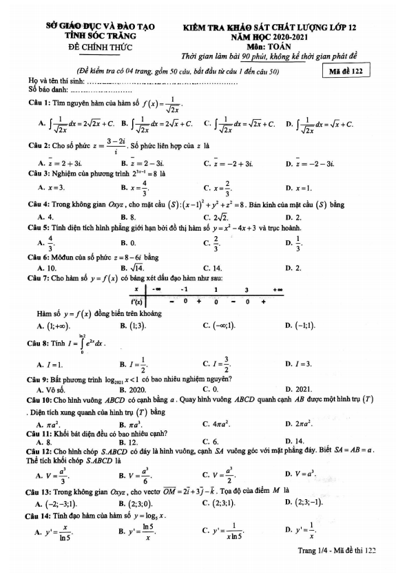Đề khảo sát chất lượng Toán 12 năm 2020 – 2021 sở GD&ĐT Sóc Trăng
