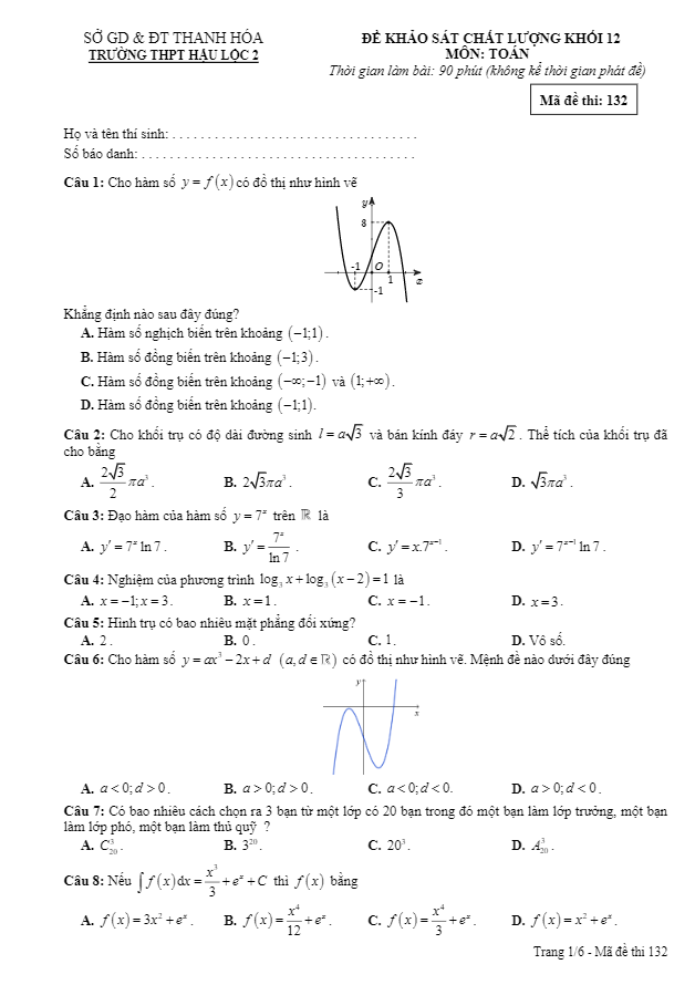 Đề khảo sát chất lượng Toán 12 năm 2020 trường THPT Hậu Lộc 2 – Thanh Hóa
