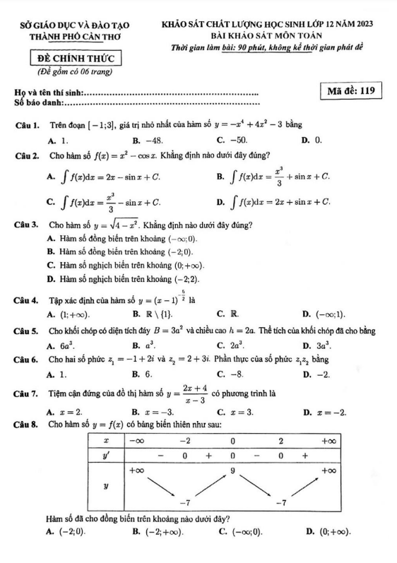 Đề khảo sát chất lượng Toán 12 năm 2023 sở GD&ĐT Cần Thơ