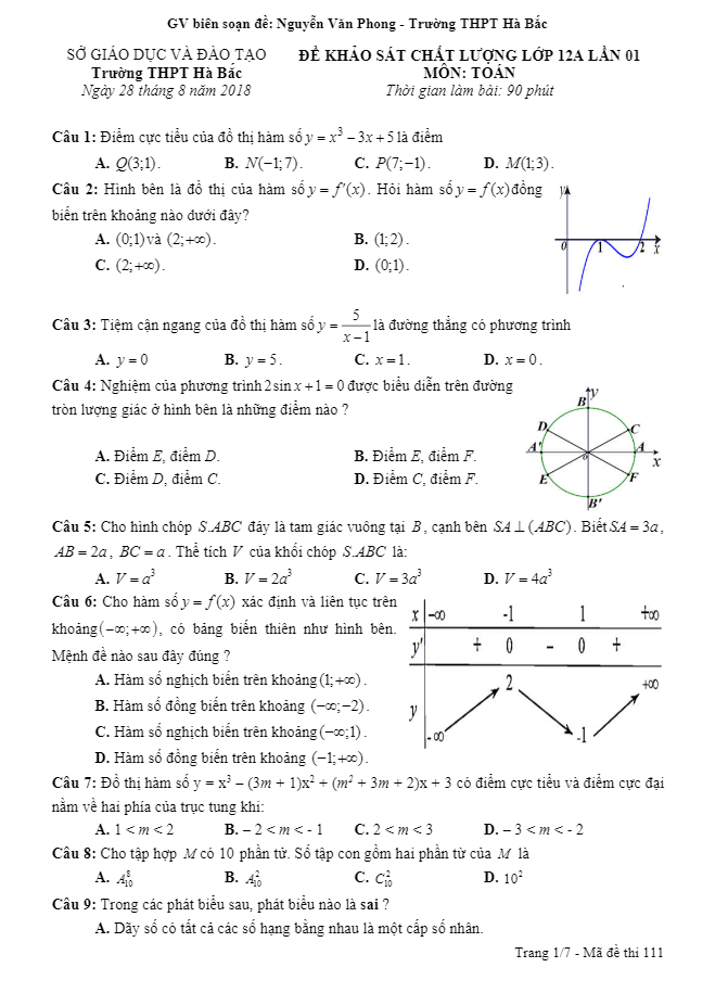 Đề khảo sát chất lượng Toán 12 năm học 2018 – 2019 trường Hà Bắc – Hải Dương lần 1