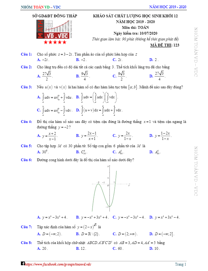 Đề khảo sát chất lượng Toán 12 năm học 2019 – 2020 sở GD&ĐT Đồng Tháp