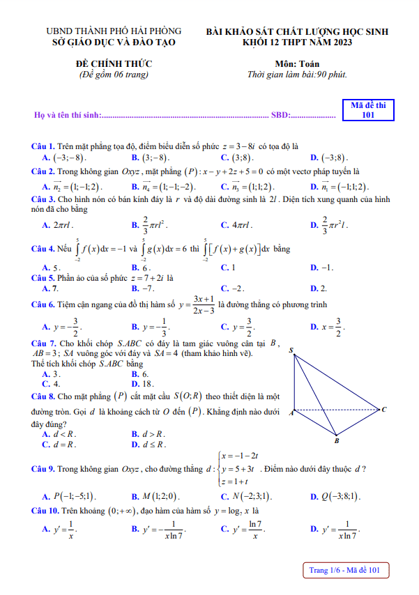 Đề khảo sát chất lượng Toán 12 THPT năm 2023 sở GD&ĐT Hải Phòng