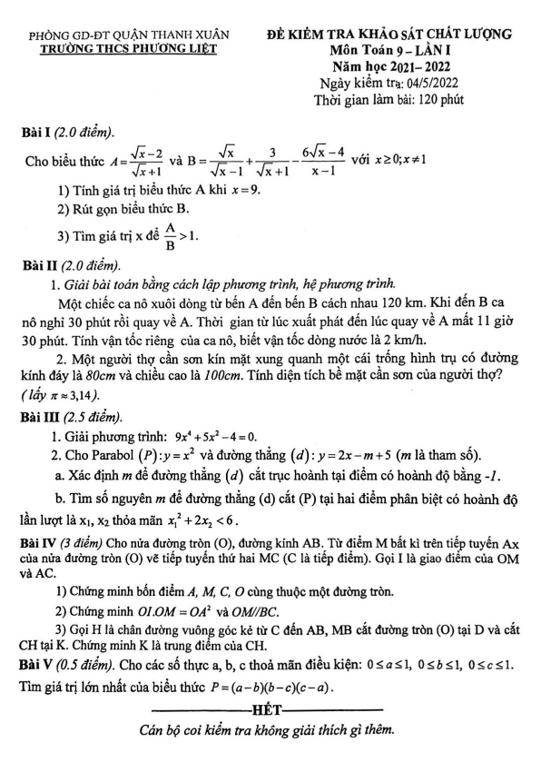Đề khảo sát chất lượng Toán 9 lần 1 năm 2022 trường THCS Phương Liệt – Hà Nội