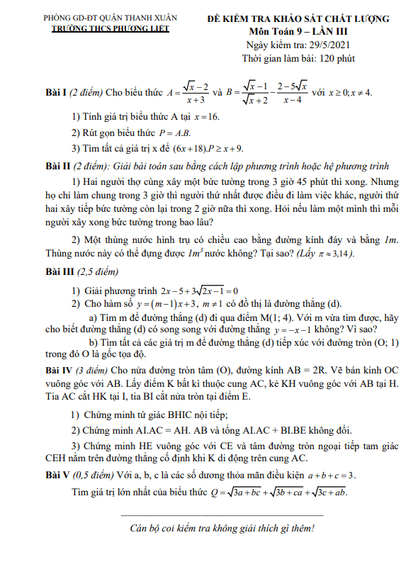 Đề khảo sát chất lượng Toán 9 lần 3 năm 2021 trường THCS Phương Liệt – Hà Nội