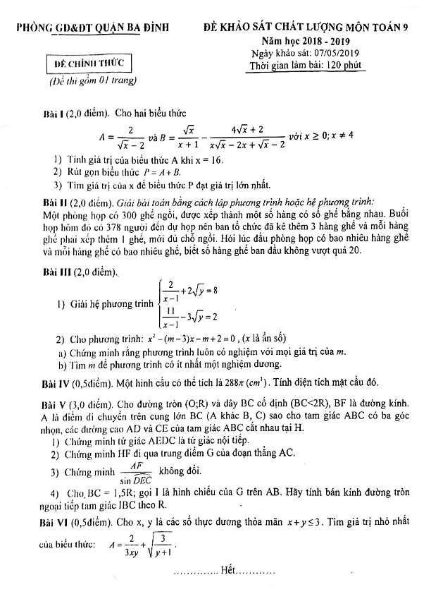 Đề khảo sát chất lượng Toán 9 năm 2018 – 2019 phòng GD&ĐT Ba Đình – Hà Nội