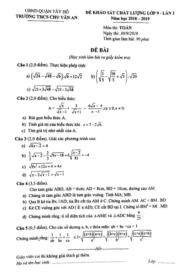 Đề khảo sát chất lượng Toán 9 năm 2018 – 2019 trường THCS Chu Văn An – Hà Nội lần 1