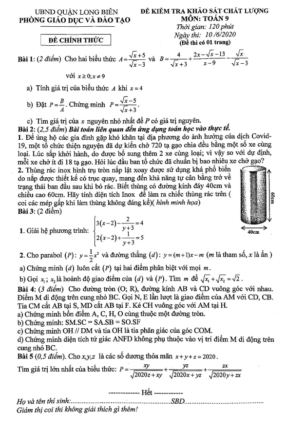 Đề khảo sát chất lượng Toán 9 năm 2019 – 2020 phòng GD&ĐT Long Biên – Hà Nội
