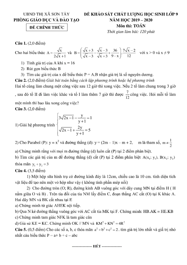 Đề khảo sát chất lượng Toán 9 năm 2019 – 2020 phòng GD&ĐT Sơn Tây – Hà Nội