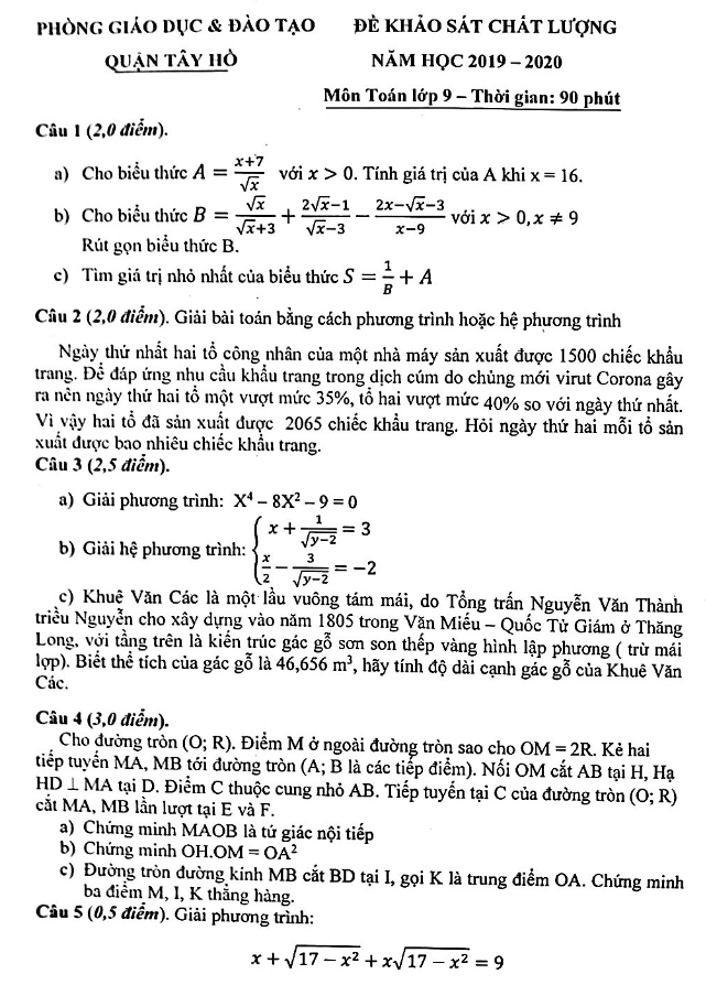 Đề khảo sát chất lượng Toán 9 năm 2019 – 2020 phòng GD&ĐT Tây Hồ – Hà Nội