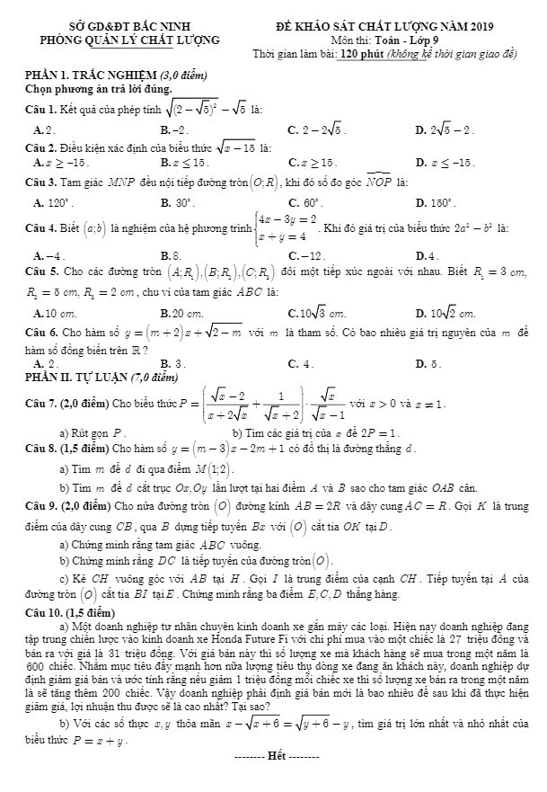 Đề khảo sát chất lượng Toán 9 năm 2019 sở GD&ĐT Bắc Ninh