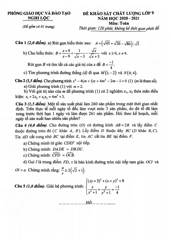 Đề khảo sát chất lượng Toán 9 năm 2020 – 2021 phòng GD&ĐT Nghi Lộc – Nghệ An