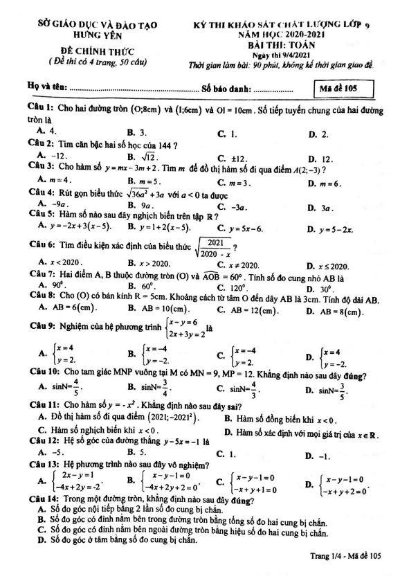 Đề khảo sát chất lượng Toán 9 năm 2020 – 2021 sở GD&ĐT Hưng Yên