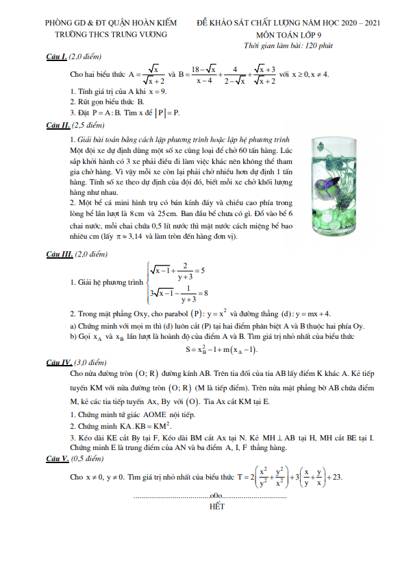 Đề khảo sát chất lượng Toán 9 năm 2020 – 2021 trường THCS Trưng Vương – Hà Nội