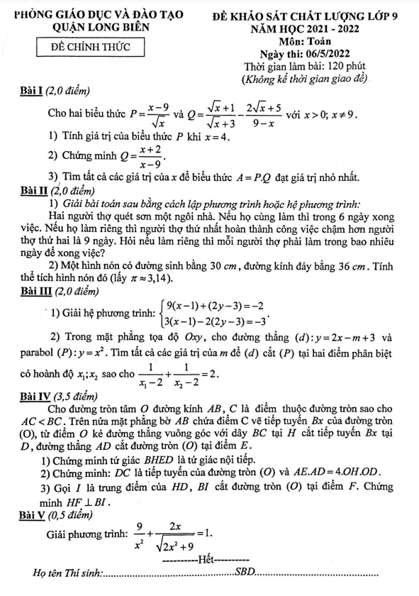 Đề khảo sát chất lượng Toán 9 năm 2021 – 2022 phòng GD&ĐT Long Biên – Hà Nội