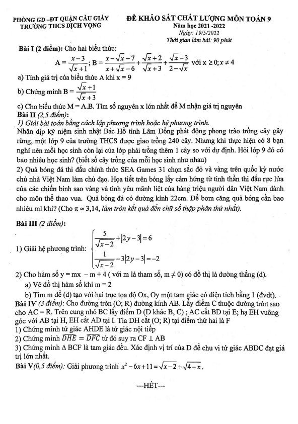 Đề khảo sát chất lượng Toán 9 năm 2021 – 2022 trường THCS Dịch Vọng – Hà Nội