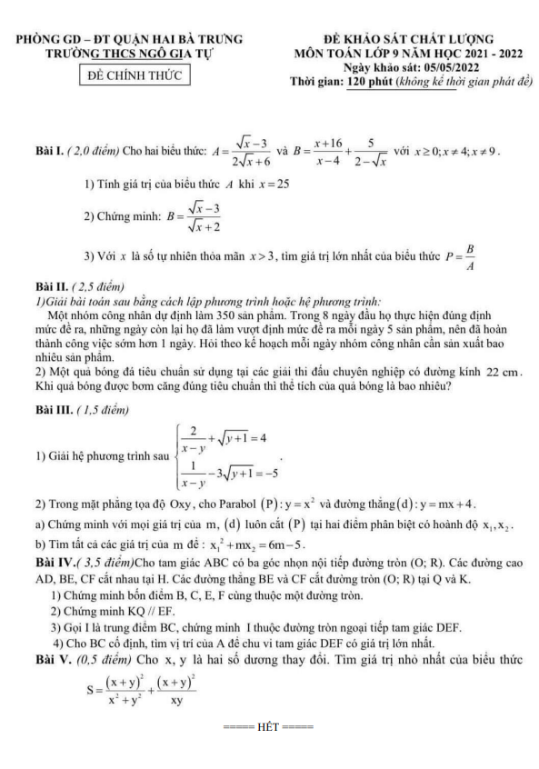 Đề khảo sát chất lượng Toán 9 năm 2021 – 2022 trường THCS Ngô Gia Tự – Hà Nội