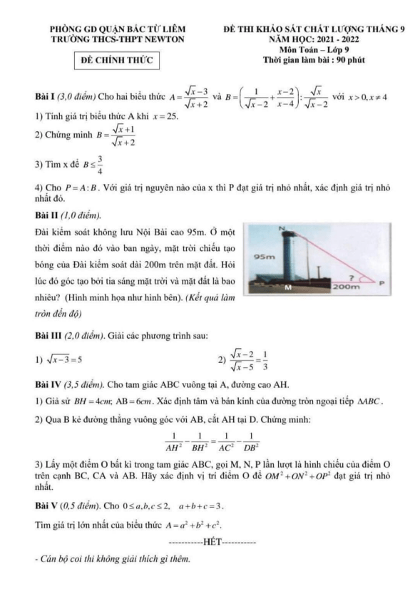 Đề khảo sát chất lượng Toán 9 năm 2021 – 2022 trường THCS&THPT Newton – Hà Nội