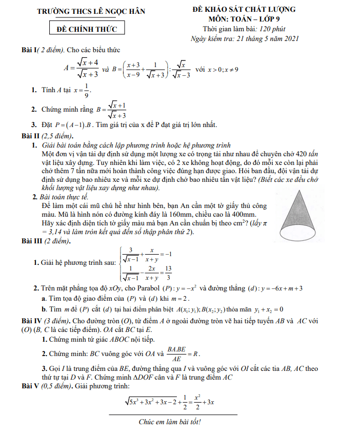 Đề khảo sát chất lượng Toán 9 năm 2021 trường THCS Lê Ngọc Hân – Hà Nội