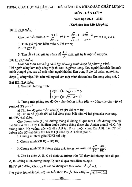Đề khảo sát chất lượng Toán 9 năm 2022 – 2023 phòng GD&ĐT Đông Anh – Hà Nội