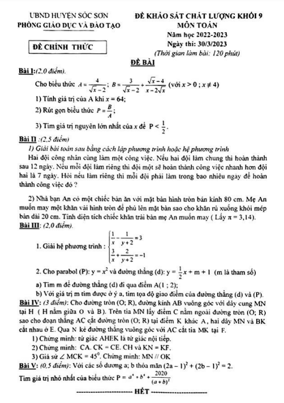 Đề khảo sát chất lượng Toán 9 năm 2022 – 2023 phòng GD&ĐT Sóc Sơn – Hà Nội