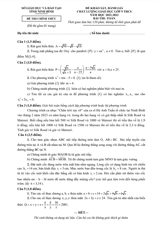Đề khảo sát chất lượng Toán 9 năm 2022 – 2023 sở GD&ĐT Ninh Bình