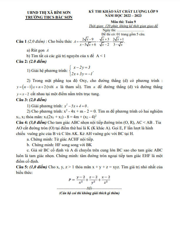 Đề khảo sát chất lượng Toán 9 năm 2022 – 2023 trường THCS Bắc Sơn – Thanh Hóa