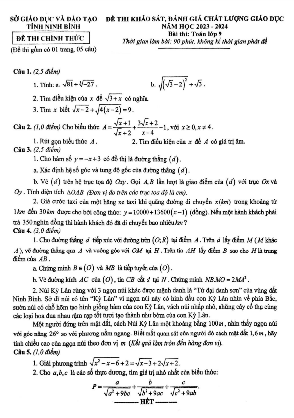 Đề khảo sát chất lượng Toán 9 năm 2023 – 2024 sở GD&ĐT Ninh Bình