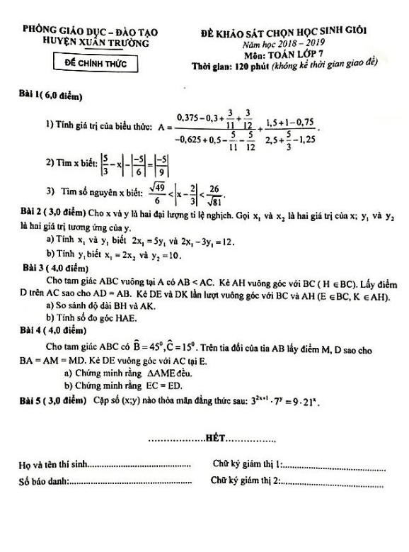 Đề khảo sát chọn HSG Toán 7 năm 2018 – 2019 phòng GD&ĐT Xuân Trường – Nam Định