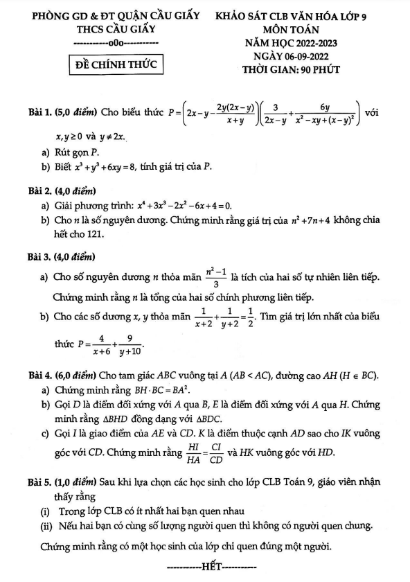 Đề khảo sát CLB Toán 9 năm 2022 – 2023 trường THCS Cầu Giấy – Hà Nội