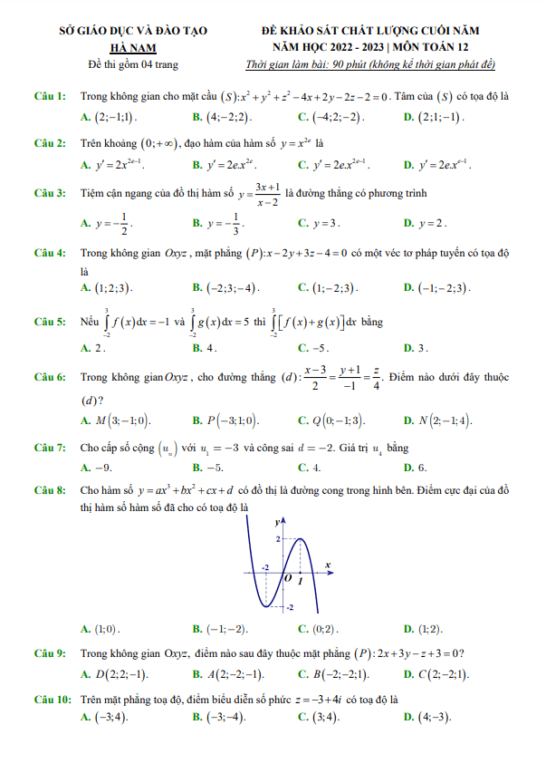 Đề khảo sát cuối năm Toán 12 năm 2022 – 2023 sở GD&ĐT Hà Nam