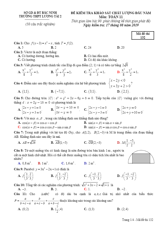 Đề khảo sát đầu năm Toán 11 năm 2019 – 2020 trường Lương Tài 2 – Bắc Ninh