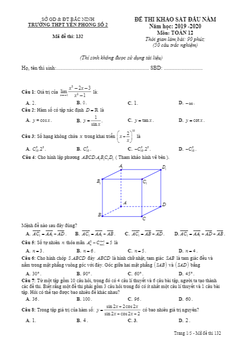 Đề khảo sát đầu năm Toán 12 năm 2019 – 2020 trường Yên Phong 2 – Bắc Ninh