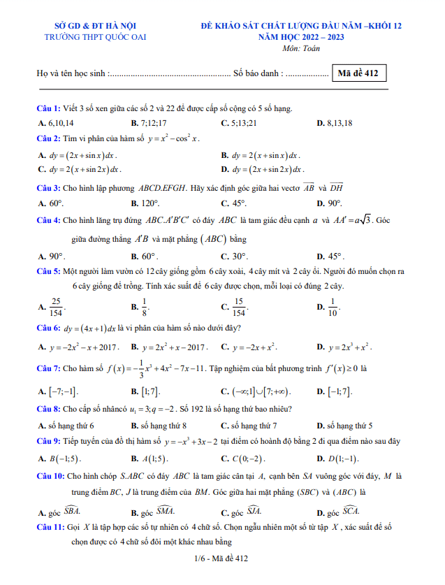 Đề khảo sát đầu năm Toán 12 năm 2022 – 2023 trường THPT Quốc Oai – Hà Nội